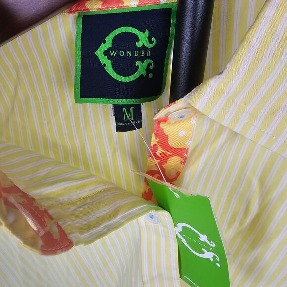 NWT C. Wonder Yellow White Stripe Shirt M Button Up Floral Trim Preppy - Picture 3 of 4